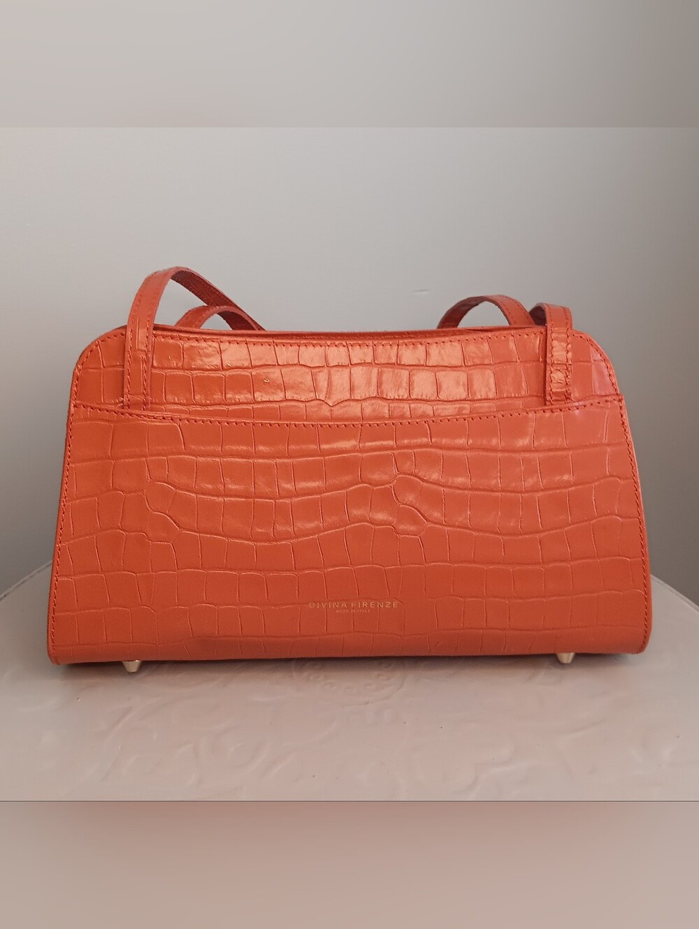 Divina Firenze Orange Croc‑Embossed Structured Handbag – Top Handle Purse